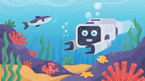 Cute robot exploring underwater with fish and coral