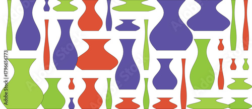 A colorful collection of various vase shapes and sizes, isolated on a white background