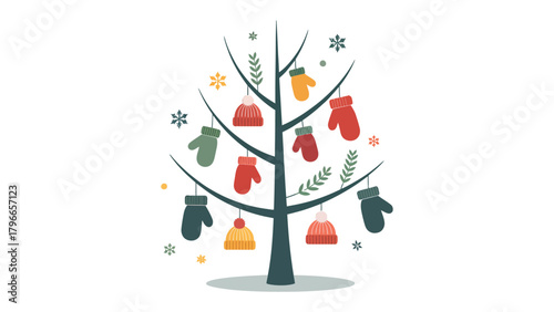 Winter Wishes: A whimsical illustration of a bare tree, adorned with colorful mittens and hats, symbolizing the warmth and joy of the winter season and the anticipation of holiday cheer.
