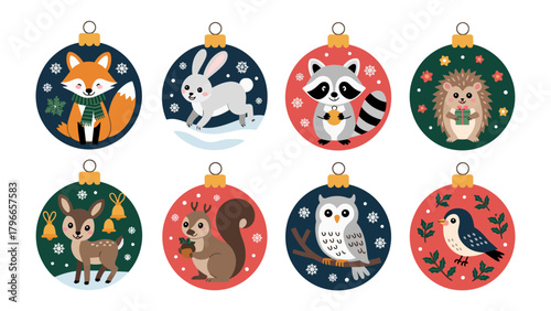 Festive Forest Friends: Delightful illustrations of woodland creatures adorn a set of vibrant Christmas ornaments, bringing the charm of the forest to the festive season.
