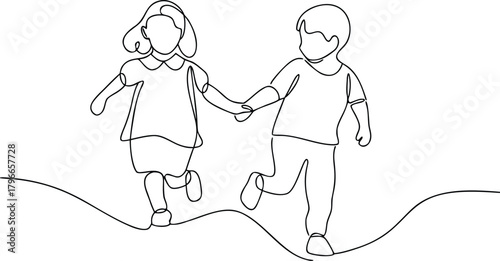 Two children holding hands running together kids friendship