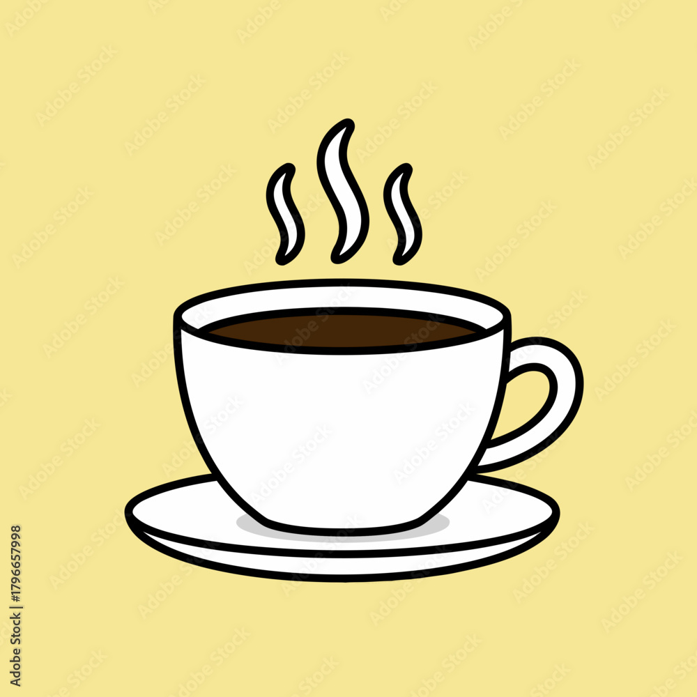 Obraz premium A simple, cartoon-style illustration of a white cup filled with dark coffee, emitting steam, sitting on a matching saucer against a plain yellow background.