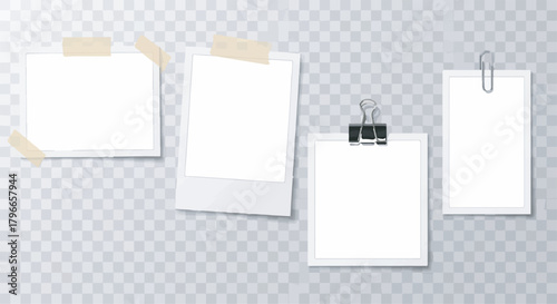 Blank photo frames set with tape, binder clips, and paper clips on a transparent background