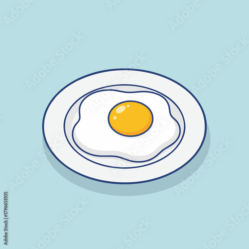 A simple cartoon illustration of a single fried egg with a bright yellow yolk on a white plate against a light blue background.