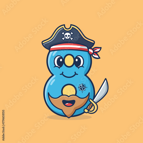 A cute cartoon blue number 8 character dressed as a pirate with a hat, beard, and cutlass on an orange background.