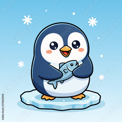 A cute cartoon penguin holding a fish while standing on a small ice floe with snowflakes falling.