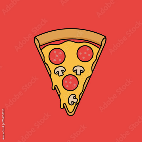 A cartoon illustration of a single slice of pepperoni and mushroom pizza with melting cheese on a red background.