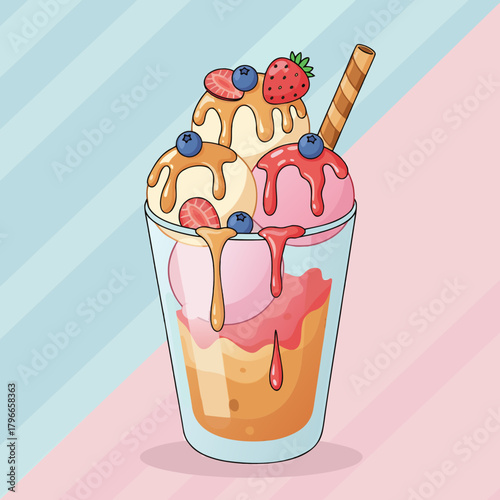 Delicious cartoon illustration of an ice cream sundae with various toppings, including strawberries, blueberries, and a wafer stick, served in a tall glass.