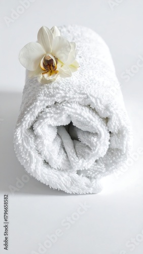 Close-up of a tightly rolled white towel with a delicate orchid blossom resting on top, all against a bright white background