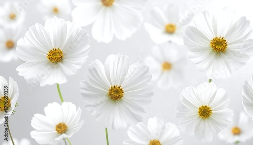 Close-up of numerous, delicate, white, daisy-like flowers with yellow centers. The blooms have overlapping petals and green stems