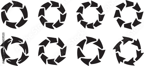 Collection of circular arrow logo icons representing rotation, cycle, process, or progress on white background