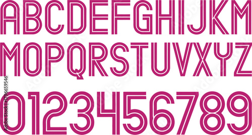 Pink Double Line Outline Sport Font Alphabet and Numbers Set Vector Illustration (A-Z, 0-9)