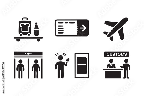 Aviation checkpoint and customs pictogram set for international travel use