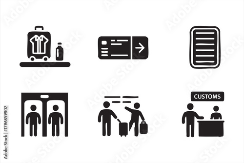 Minimalist airport illustration set depicting screening and border processes