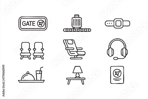 Minimalist travel symbol set with luggage belt, gate sign, and boarding seats