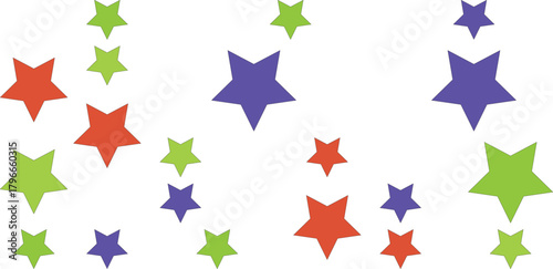 Scattered colorful stars in red, green, and purple