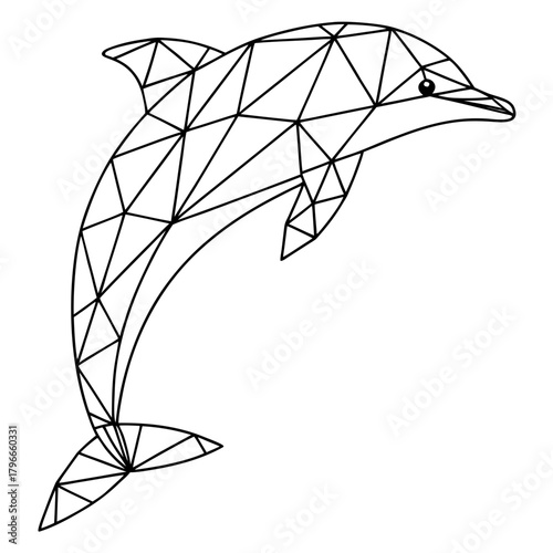 A clean, minimalist geometric line-art illustration of a dolphin created using angular polygon shapes. The dolphin is shown in a dynamic jumping pose, with its curved body formed from connected.