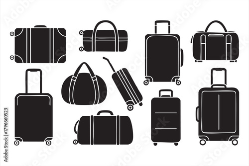 Black and white travel bag icons for airport, airline, and trip planning design