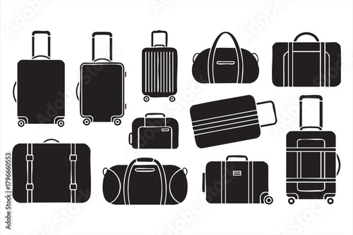 Variety of suitcases and carry-on bags in monochrome for travel materials