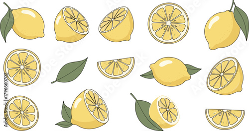 Whole lemons, lemon slices, citrus wedges, green leaves, fresh fruit, summer vibes, juicy texture, food pattern, flat vector illustration