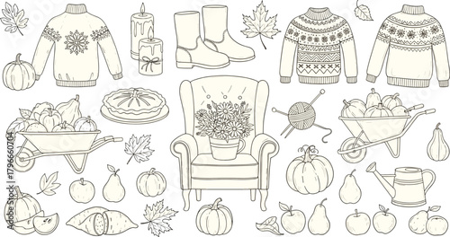 Autumn harvest cozy elements, pumpkins, apples, sweaters, boots, fall leaves, pie, candles, knitting, seasonal decor, flat vector illustration