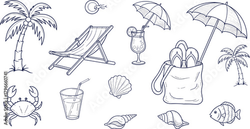 Palm trees, beach chair, cocktail drink, tote bag, crab, seashells, fish, lifebuoy, summer vacation, tropical vibes, flat vector illustration