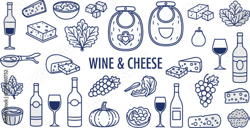 Wine bottle, cheese wedge, grapes, wine glass, pear, pumpkin, cutting board, gourmet snack, blue line art, flat vector illustration