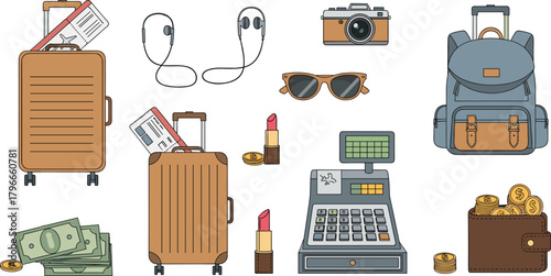 Travel suitcase, shopping wallet, camera, backpack, sunglasses, lipstick, currency, cash register, holiday essentials, cartoon style, flat vector illustrationTravel 