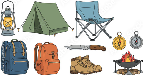 Flat vector illustration of camping gear essentials, tent, lantern, backpacks, boots, knife, compasses, campfire, outdoor adventure equipment set