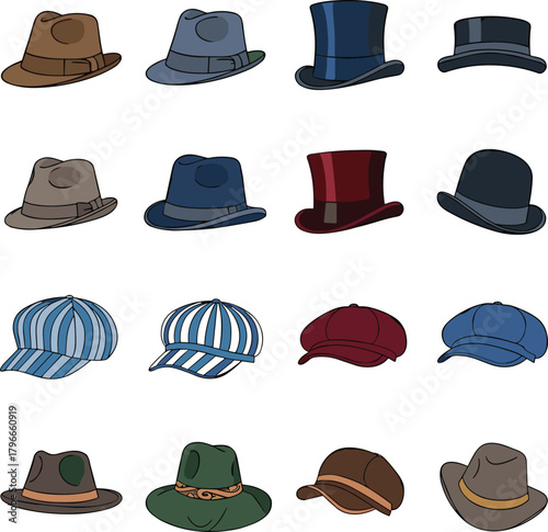 Flat vector illustration of sixteen different hats in grid layout, fashion accessories collection, colorful headwear styles, isolated on white background