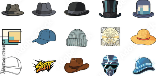 Flat vector illustration of fifteen different hats in grid layout, fashion headwear styles, modern and vintage designs, isolated on white background