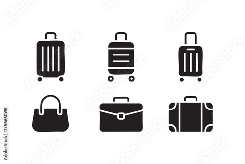 Black suitcase, handbag, and briefcase collection for airport UI and branding