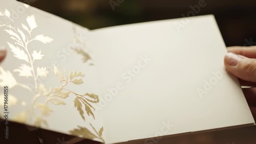 Close-up of hands opening a beautifully designed wedding invitation card with intricate floral patterns.