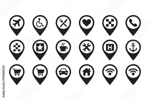 Minimalist location icons for city maps, service directories, and UI platforms