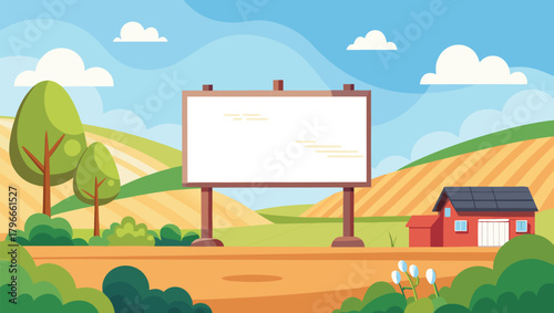 Vibrant rural landscape features an empty billboard ready for your advertisement next to a charming red barn and rolling green hills under a clear blue sky with fluffy clouds.