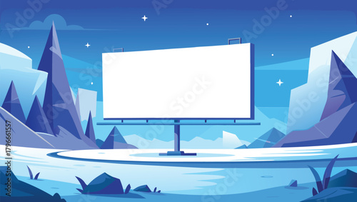 Stunning blank billboard in a vast, icy landscape under a clear starry night sky, perfect for impactful advertising campaigns.