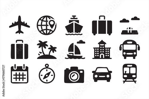 Complete travel icon set featuring transport, lodging, and adventure elements