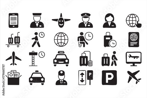 Minimalist travel operations symbols including luggage, staff, and passport icons
