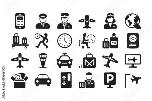 Airport essentials icons for flight information, luggage handling, and wayfinding