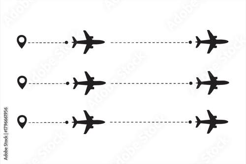Clean flight path icons with dashed lines and location markers for booking apps