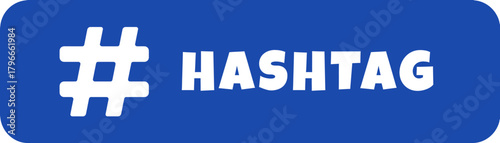 Bold white hashtag symbol and text 'HASHTAG' on a vibrant blue rounded rectangle background, perfect for social media and online branding