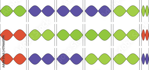 Three rows of diamond shapes in green, purple, and red, arranged in repeating patterns and