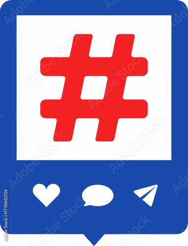 Dynamic hashtag icon symbolizing social media engagement popularity trends and online communication with like comment and send icons for digital marketing campaigns