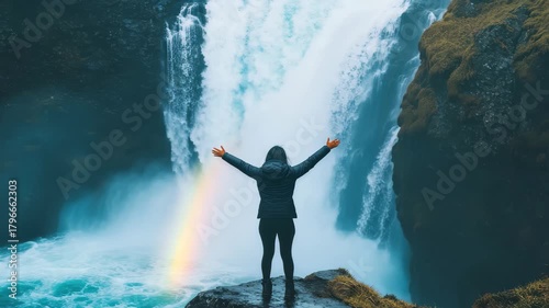 Slow motion view of a powerful waterfall with a person standing against a vivid rainbow backdrop, Vertical video in slow motion of a waterfall with a rainbow