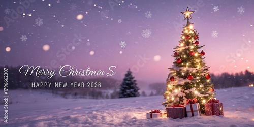 Magical snowy christmas eve with a decorated tree gifts and gentle snowfall creating a festive and enchanting winter wonderland scene
