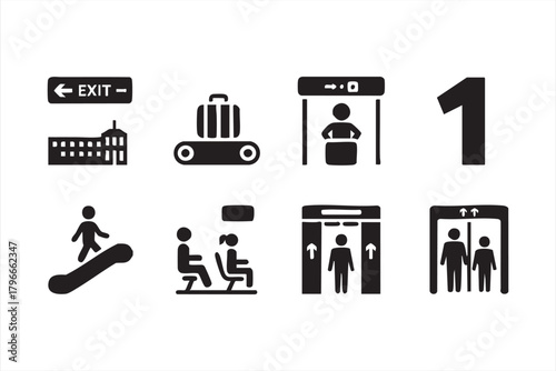 Airport operations icon set featuring exit, baggage, and security symbols