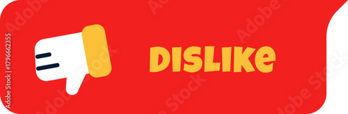 Vibrant red button with a stylized white thumbs down icon and bold yellow text clearly stating DISLIKE, perfect for user feedback interfaces and social media engagement