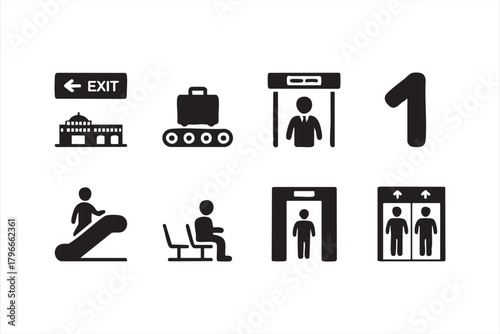 Minimalist travel workflow icons for terminals, queues, and checkpoints