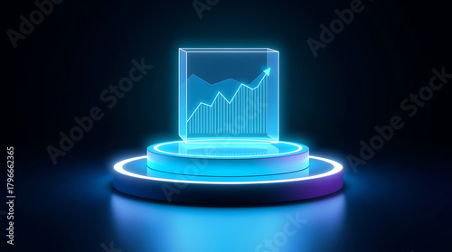 An eyecatching 3d render displays a bright blue neon graph, representing growth and success in the stock market, placed on a pedestal against a dark background