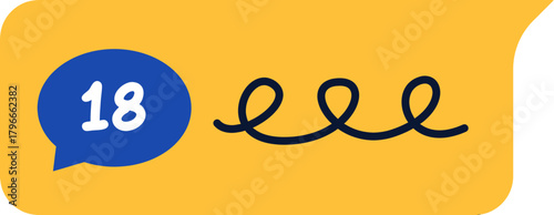 Vibrant notification bubble with number 18 and playful curly line on a bright yellow background, perfect for celebratory announcements and modern design projects